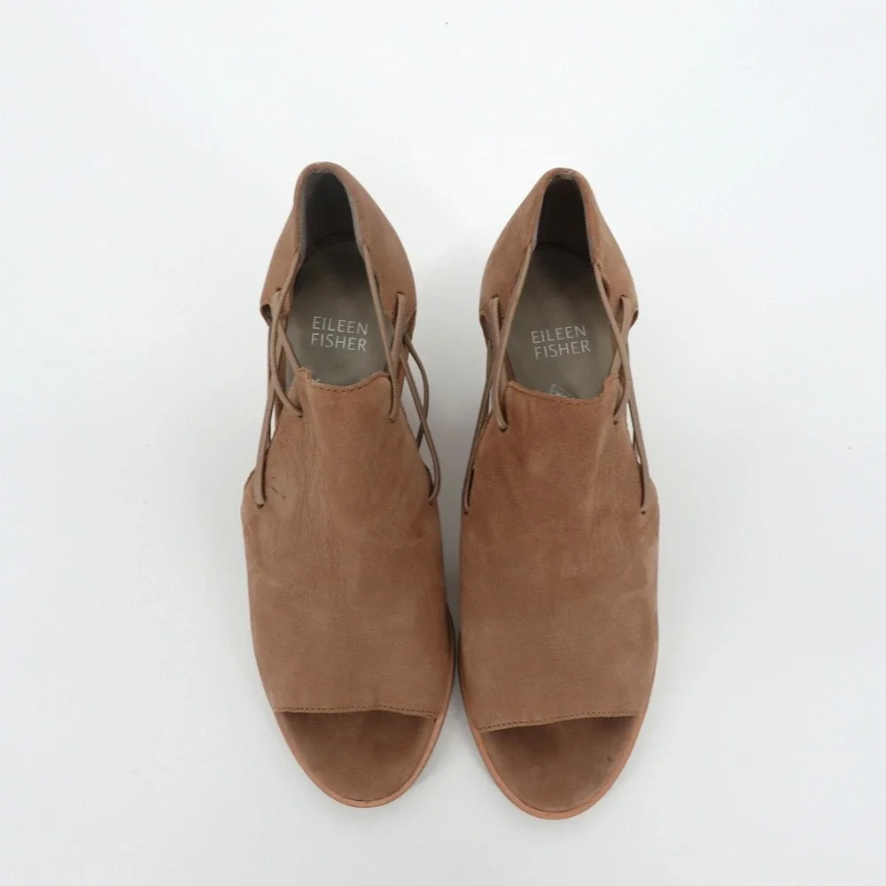 Eileen Fisher Tan Leather Open Toe Block Heel Shootie Booties Size 7